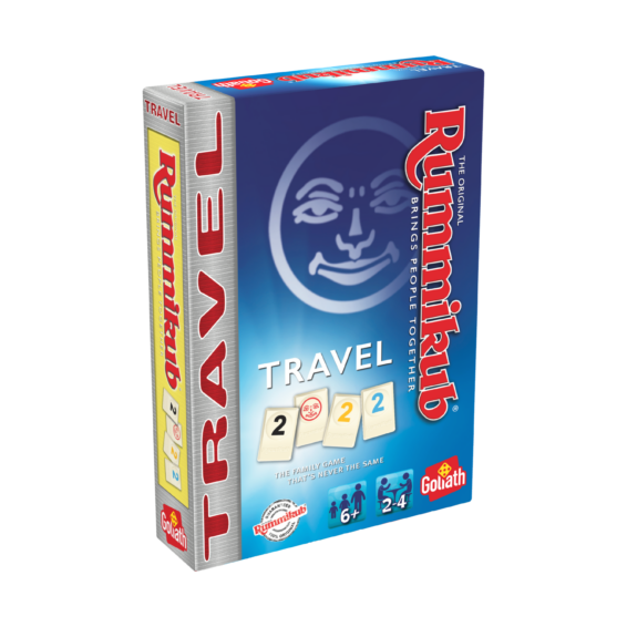 De doos van het strategische reis spel Rummikub Travel vanuit een linkerhoek