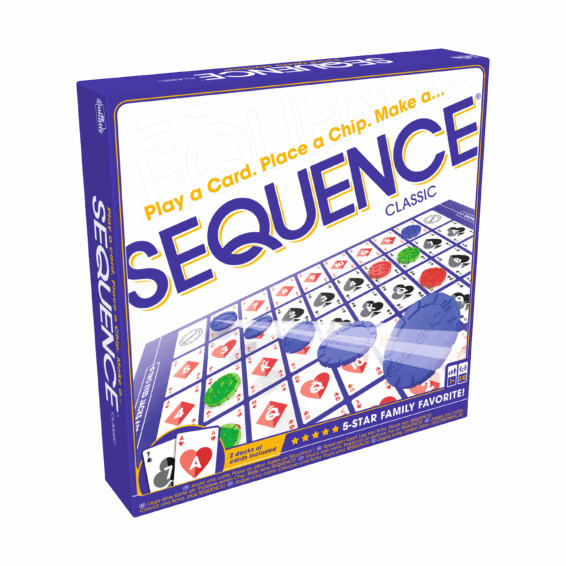 De doos van het strategische bordspel Sequence Original vanuit een linkerhoek