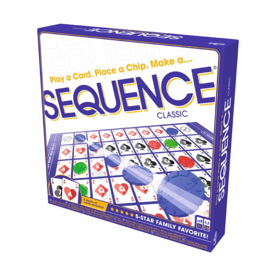De doos van het strategische bordspel Sequence Original vanuit een rechterhoek