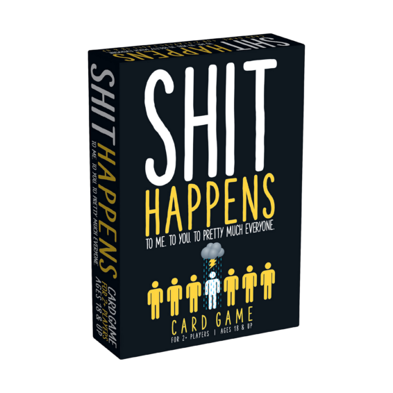De doos van het hilarische partyspel Shit Happens vanuit een linkerhoek