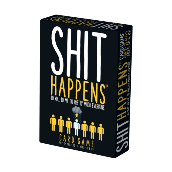De doos van het hilarische partyspel Shit Happens vanuit een rechterhoek