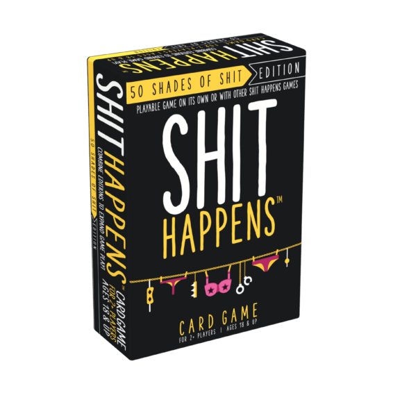 De doos van het hilarische partyspel Shit Happens 50 Shades Of Shit vanuit een linkerhoek