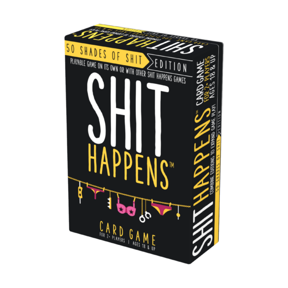 De doos van het hilarische partyspel Shit Happens 50 Shades Of Shit vanuit een rechterhoek
