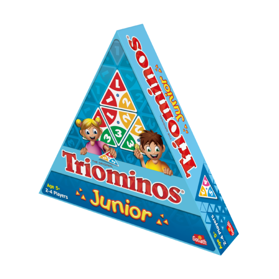 De doos van het strategische kinderspel Triominos Junior vanuit een rechterhoek