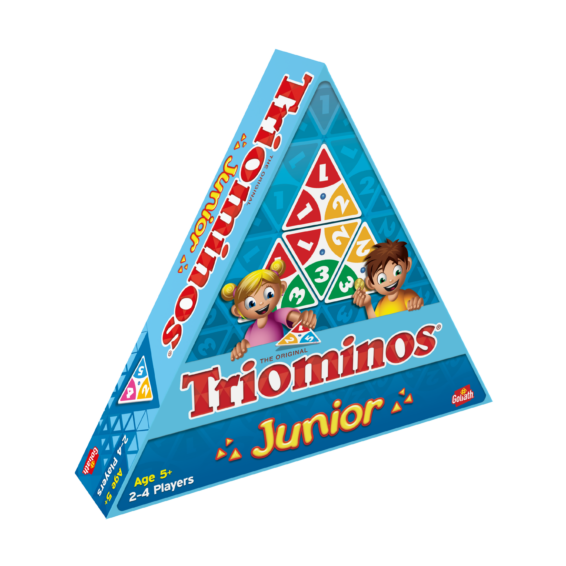 De doos van het leerzame kinderspel Triominos Junior vanuit een linkerhoek