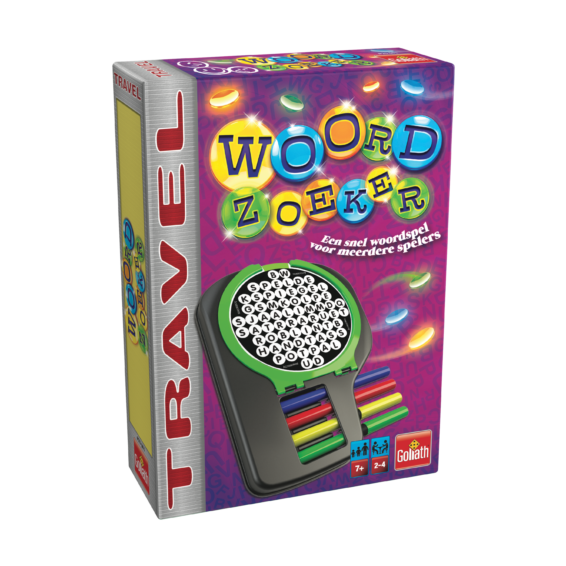 De doos van het draagbare bordspel Woordzoeker Travel vanuit een linkerhoek