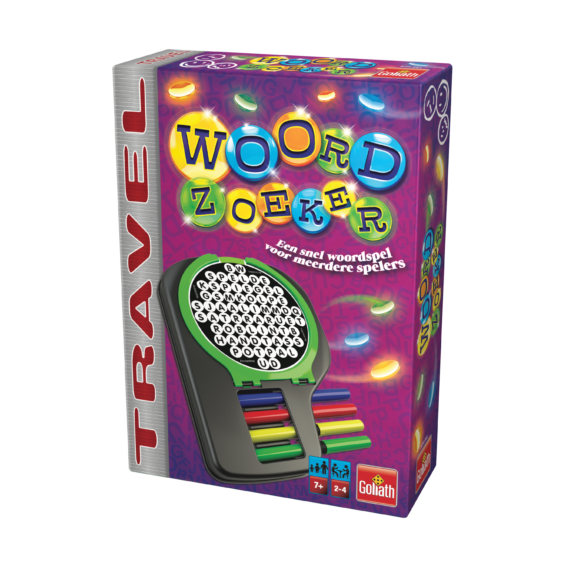 De doos van het draagbare bordspel Woordzoeker Travel vanuit een rechterhoek