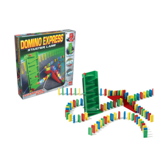 De doos en de inhoud van het speelgoed Domino Express Starter Lane