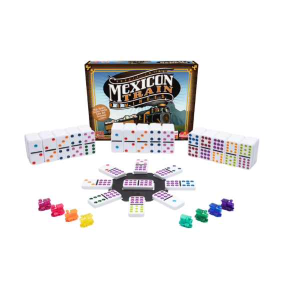 De doos en de inhoud van het strategische dominospel Mexican Train
