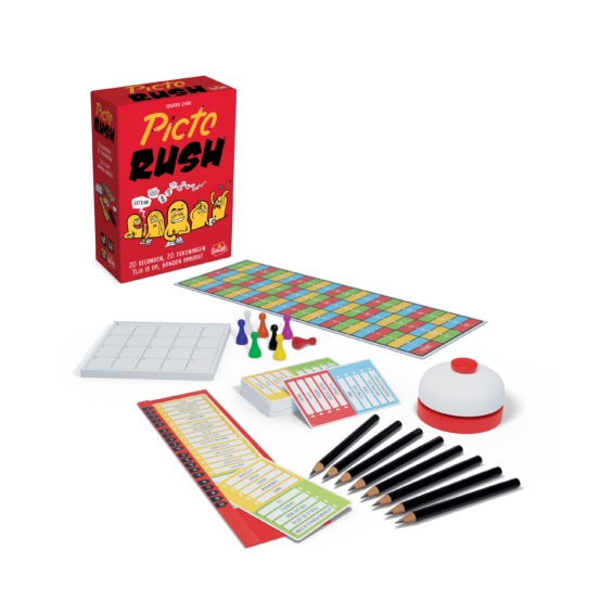 De doos en de inhoud van het partyspel Picto Rush