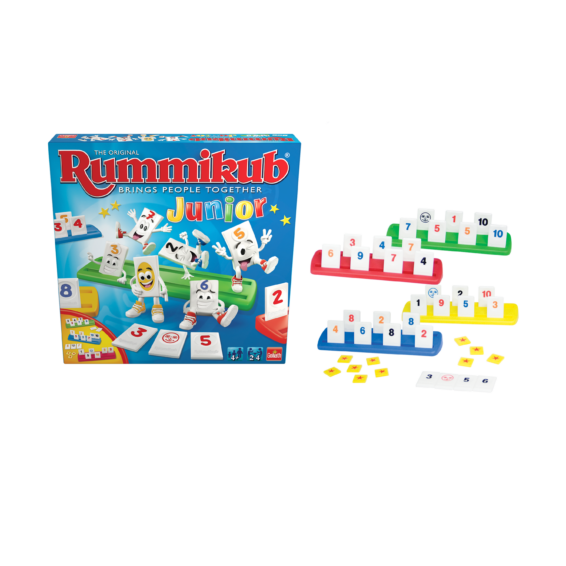 De doos en de inhoud van de junior versie van Rummikub