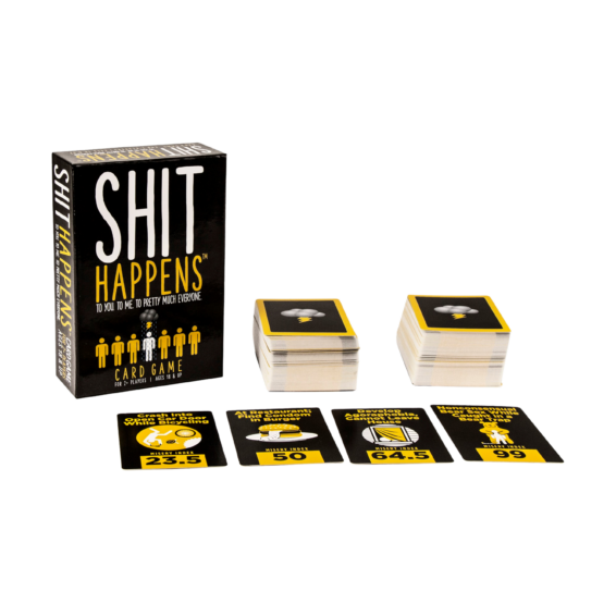 De doos en de inhoud van het spel Shit Happens 18+