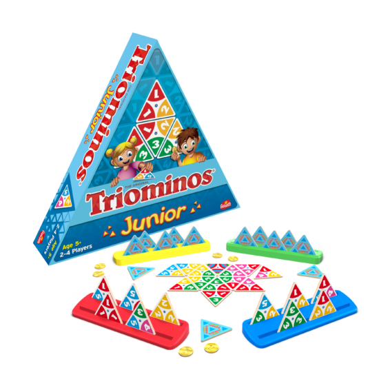 De inhoud en de doos van het leerzame kinderspel Triominos Junior