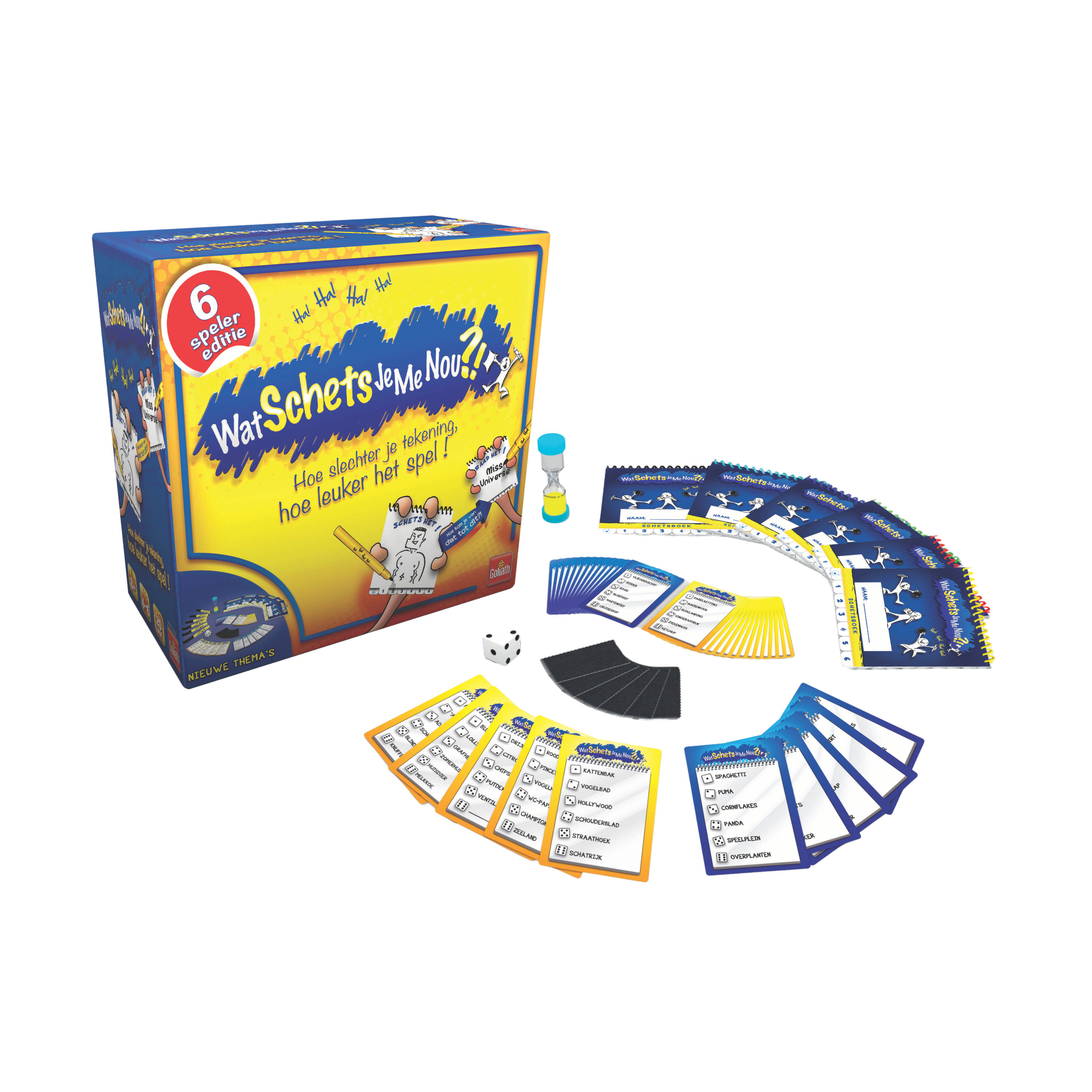 De doos en de inhoud van het partyspel Wat Schets Je Me Nou?!