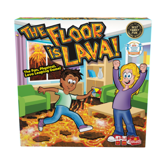 De voorkant van de doos van het actieve kinderspel De Vloer Is Lava