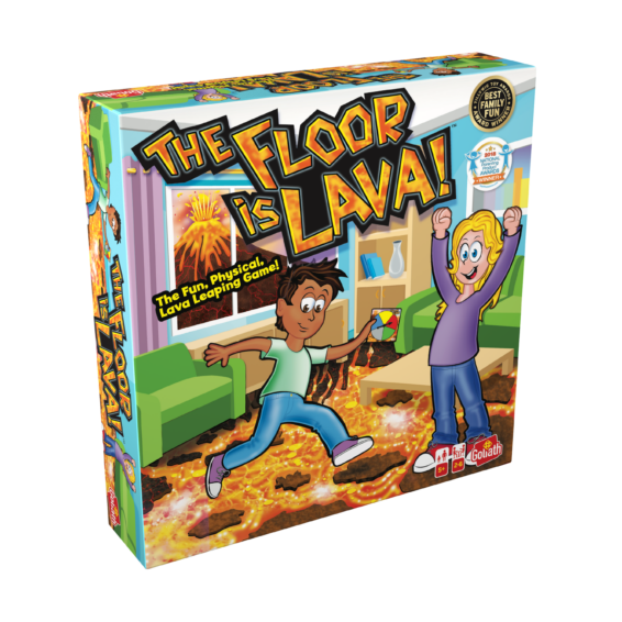 De doos van het actieve kinderspel De Vloer Is Lava vanuit een linkerhoek