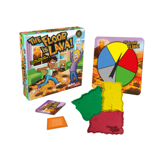 De inhoud en de doos van het actieve kinderspel De Vloer Is Lava