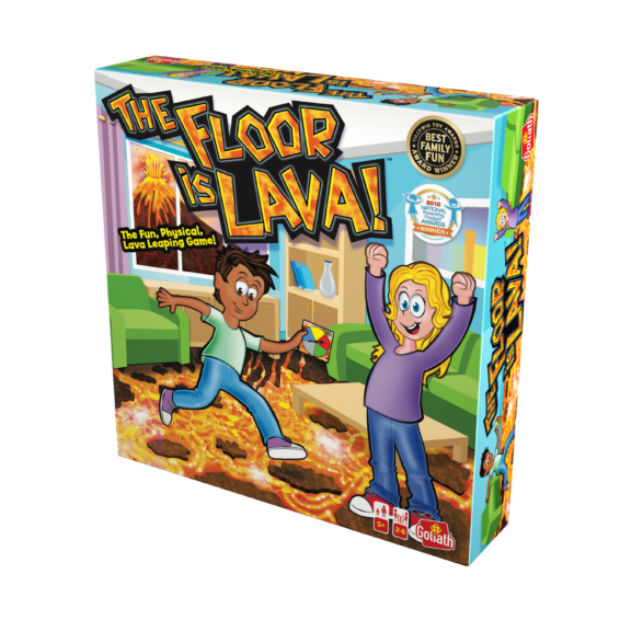 De doos van het actieve kinderspel De Vloer Is Lava vanuit een rechterhoek