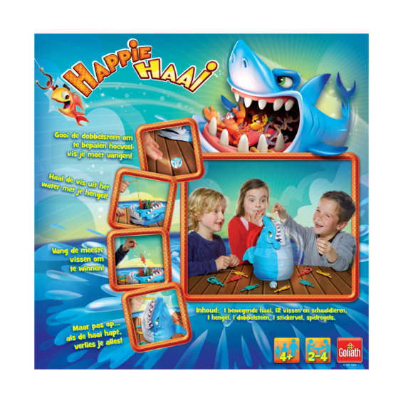 De achterkant van de doos van het kinderspel Happie Haai