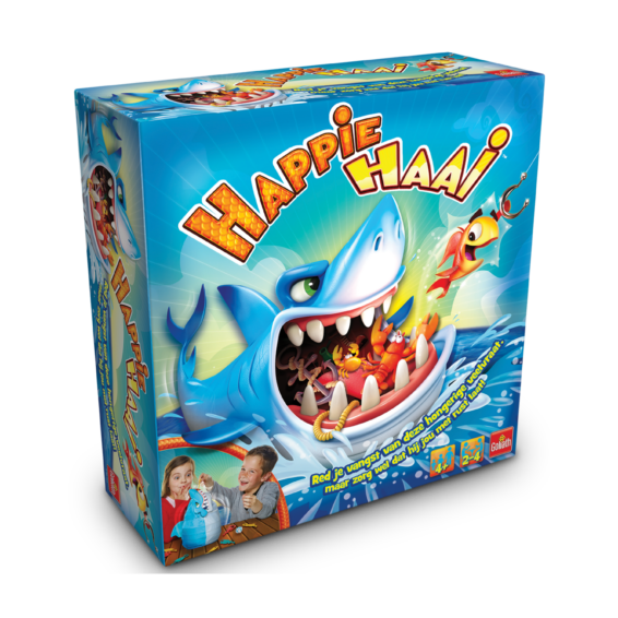 De doos van het kinderspel Happie Haai vanuit een linkerhoek