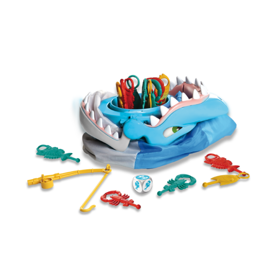 De inhoud van de doos van het kinderspel Happie Haai