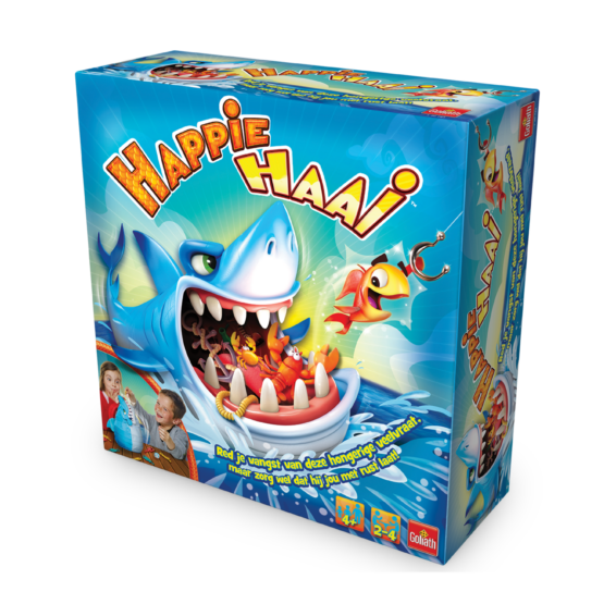 De doos van het kinderspel Happie Haai vanuit een rechterhoek