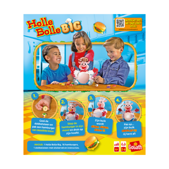 De achterkant van de doos van het kinderspel vol actie Holle Bolle Big