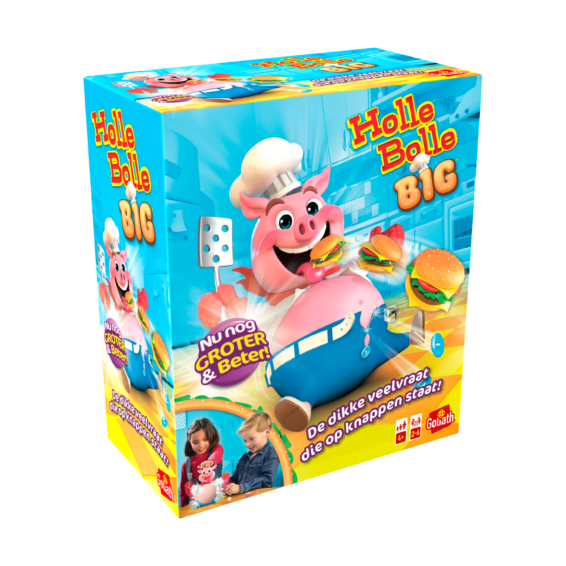 De doos van het kinderspel vol actie Holle Bolle Big vanuit een linkerhoek