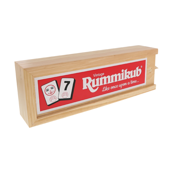 De houten verpakking van het strategische spel Rummikub Vintage vanuit een linkerhoek