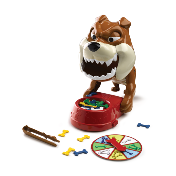 De inhoud van de doos van het kinder actiespel Bobby Bijt