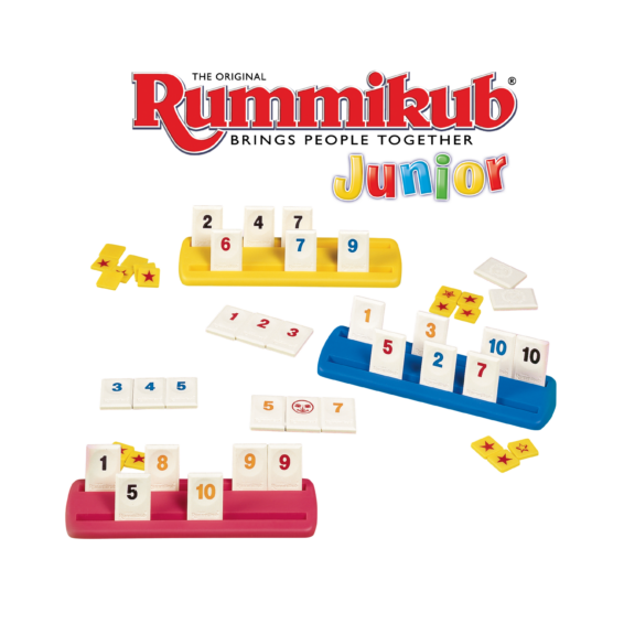 De verschillende plankjes, de stenen en fiches van het spel Rummikub Junior