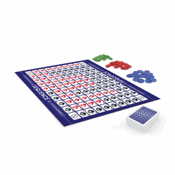 De inhoud van de doos van het strategische bordspel Sequence Classic