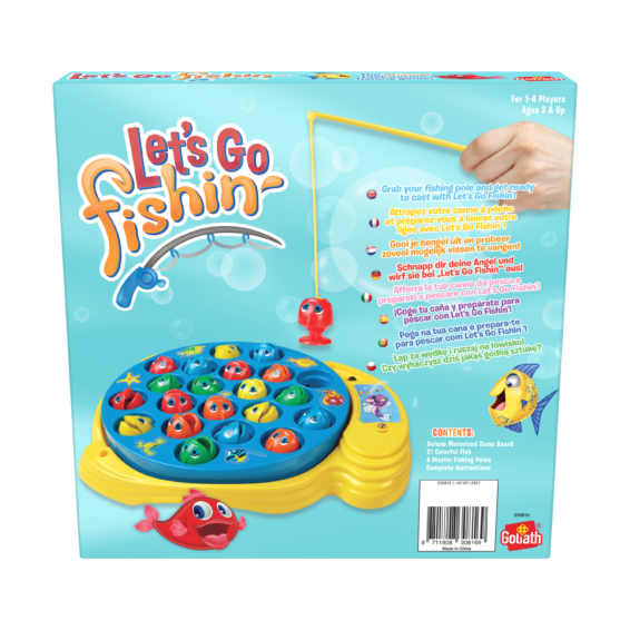 De achterkant van de doos van het kinder bordspel Let's Go Fishing