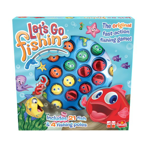 De voorkant van de doos van het leerzame bordspel Let's Go Fishing
