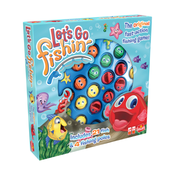 De doos van het spel Let's Go Fishing vanuit een linkerhoek