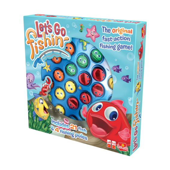 De doos van het leerzame bordspel Let's Go Fishing vanuit een rechterhoek