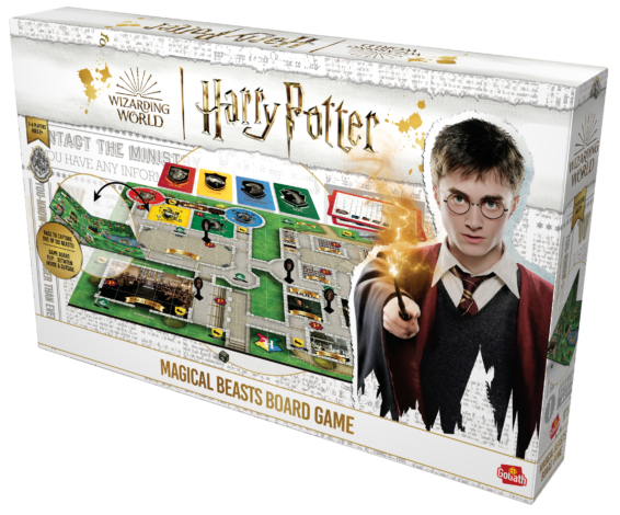 de doos van het bordspel Harry Potter Magical Beasts vanuit een rechterhoek