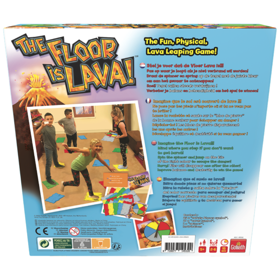 De achterkant van de doos van het actieve kinderspel De Vloer Is Lava