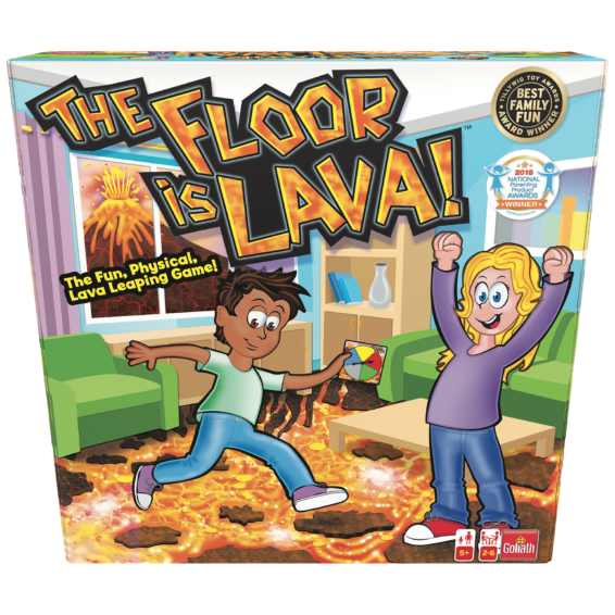De voorkant van de doos van het actieve kinderspel De Vloer Is Lava