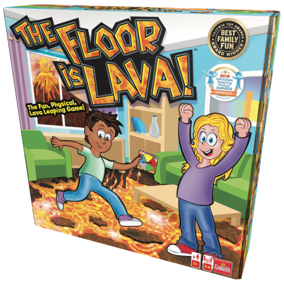 De doos van het actieve kinderspel De Vloer Is Lava vanuit een rechterhoek