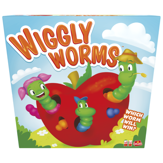 De voorkant van de doos van het kinderspel Wiggly Worms