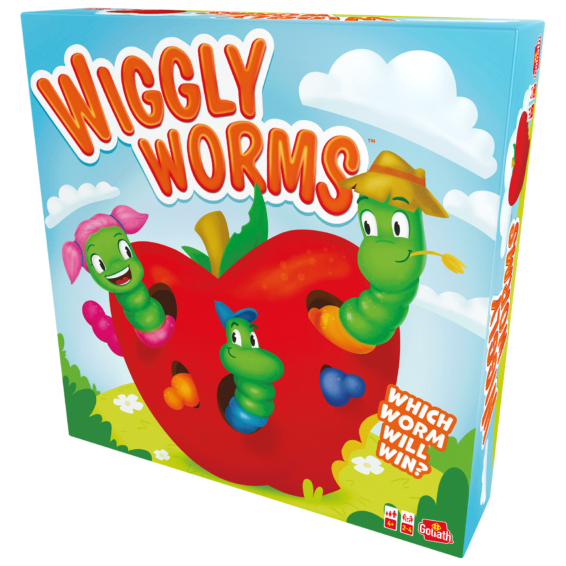 De doos van het kinderspel Wiggly Worms vanuit een rechterhoek
