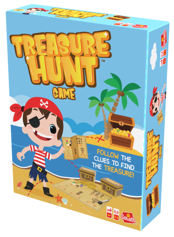 De doos van het kinderspel Treasure Hunt vanuit een rechterhoek