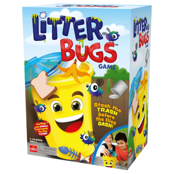 De doos van het kinderspel Litter Bugs vanuit een rechterhoek