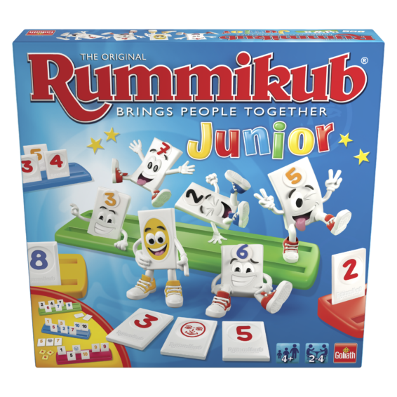 De voorkant van de doos van het kinderspel Rummikub Junior