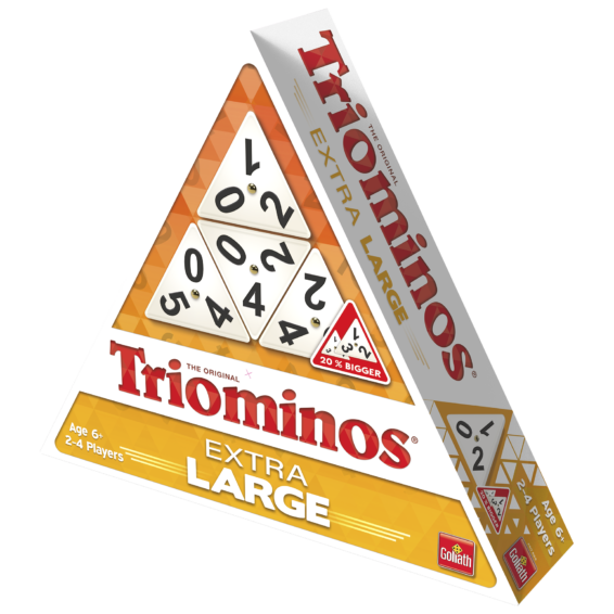 De doos van het strategische tegelspel Triominos XL vanuit een rechterhoek