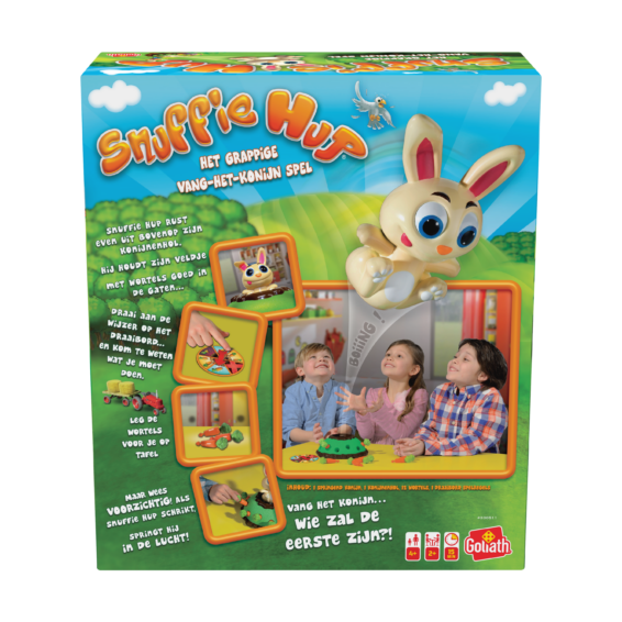 De achterkant van de doos van het kinder actiespel Snuffie Hup