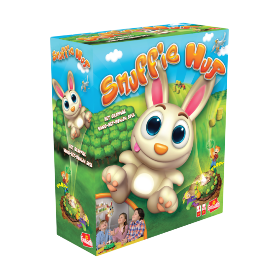 De doos van het kinder actiespel Snuffie Hup vanuit een linkerhoek
