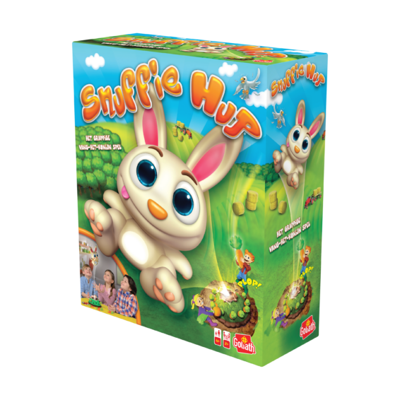 De doos van het kinder actiespel Snuffie Hup vanuit een rechterhoek