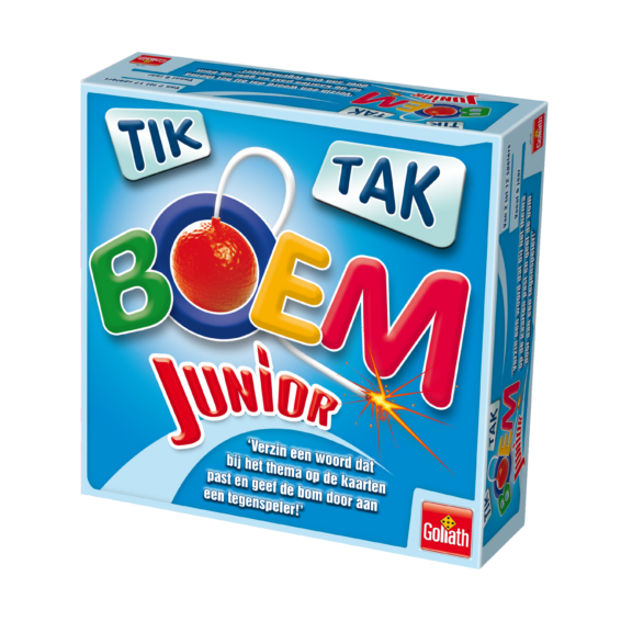De doos van het kinderspel Tik Tak Boem Junior vanuit een Rechterhoek